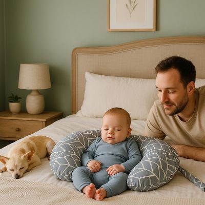 Coussin d allaitement bébé sur coussin papa et petit chien surveille