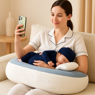 coussin d'allaitement bébé et maman au cellulaie