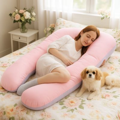 coussin grossesse rose-mauve couchée avec chien