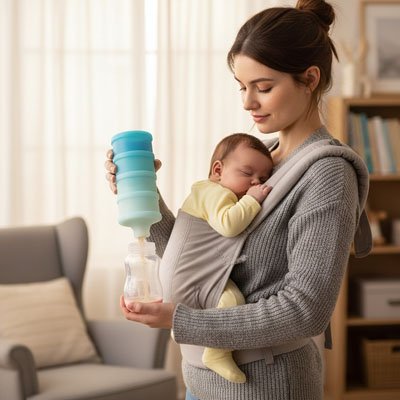 Boite doseuse lait bleu maman bébé bras