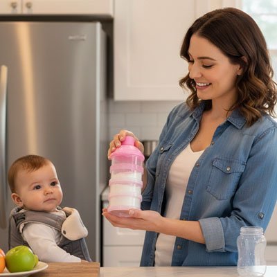 Boite doseuse lait rose maman avec bébé