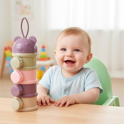 Boite doseuse lait rose bébé souriant