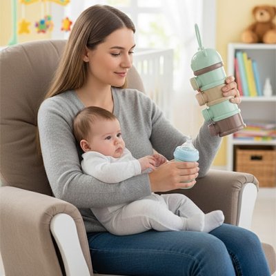 Boite doseuse lait vert maman prépare biberon