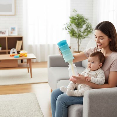 Boites doseuse lait bleu maman assit avec bébé