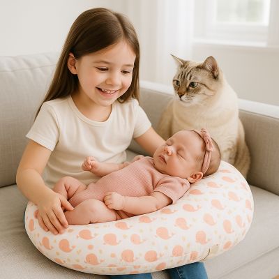 coussin allaitement bébé sur genoux fillette sourit avec chat