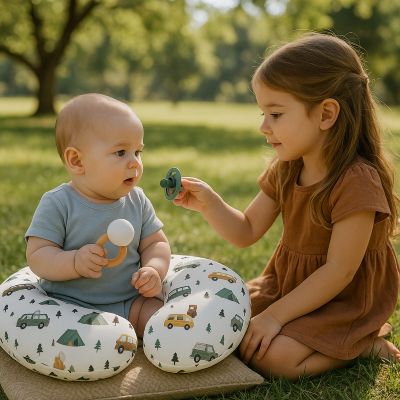 Coussin allaitement bébé avec grande soeur dans parc