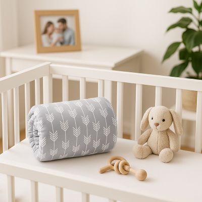 coussin allaitement gris pâle avec flèche blanche dans lit bébé