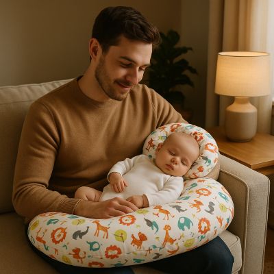 Coussin d'allaitement bébé dort sur genou de papa