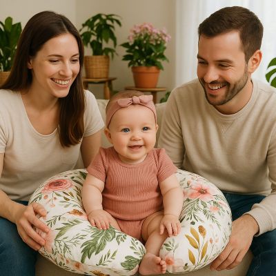 Coussin d allaitement bébé fille assise maman papa fière 