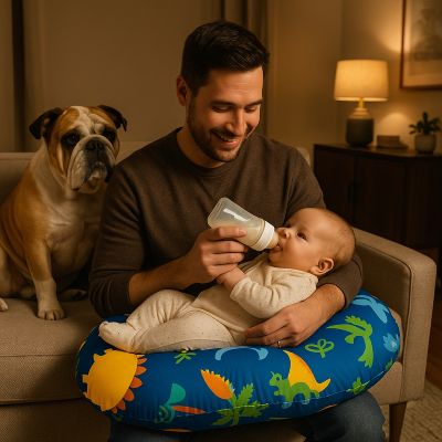 Coussin d'allaitement dino papa donne biberon chien