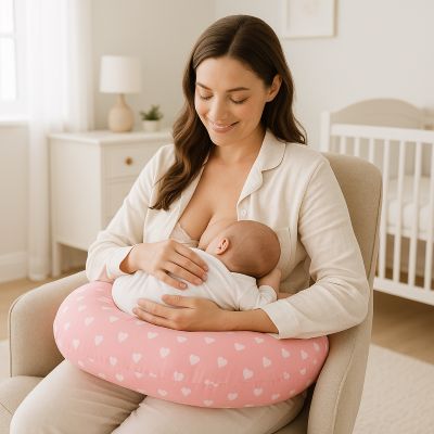 coussin d'allaitement rose coeur blanc bébé au sein