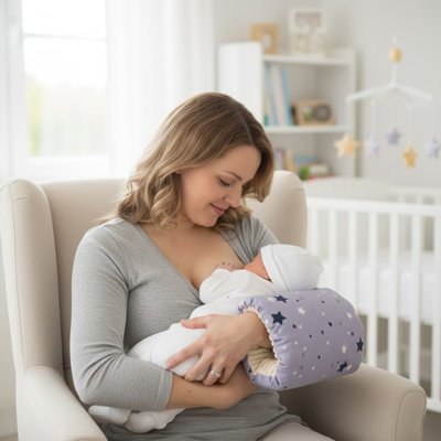 Coussin d'allaitement gris bébé bras maman
