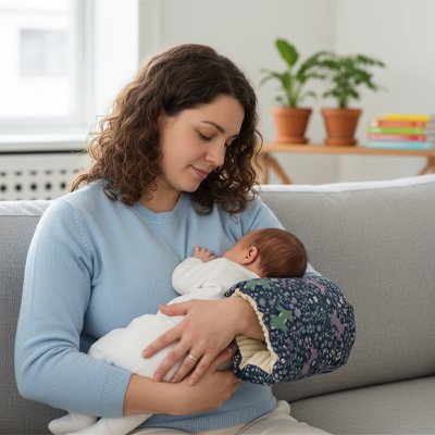 Coussin d'allaitement bleu bébé bras maman