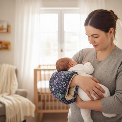 Coussin d'allaitement bleu bébé dort bras maman