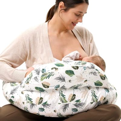 coussin d'allaitement fond blanc feuilles vertes bébé sein