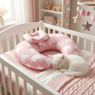Coussin d'allaitement rose lit bébé avec chaton
