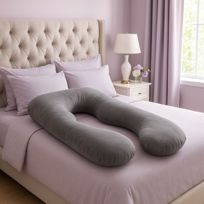coussin grossesse gris seul sur le lit