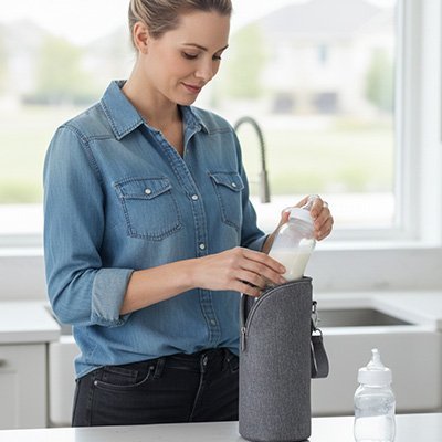 Porte biberon gris maman met biberon