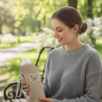 Porte biberon maman extérieur souriante