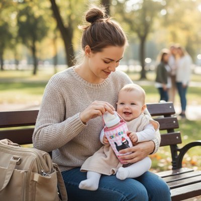 Porte biberon chat rose maman bébé banc parc