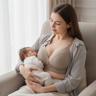 Soutien gorge allaitement beige maman bébé assise